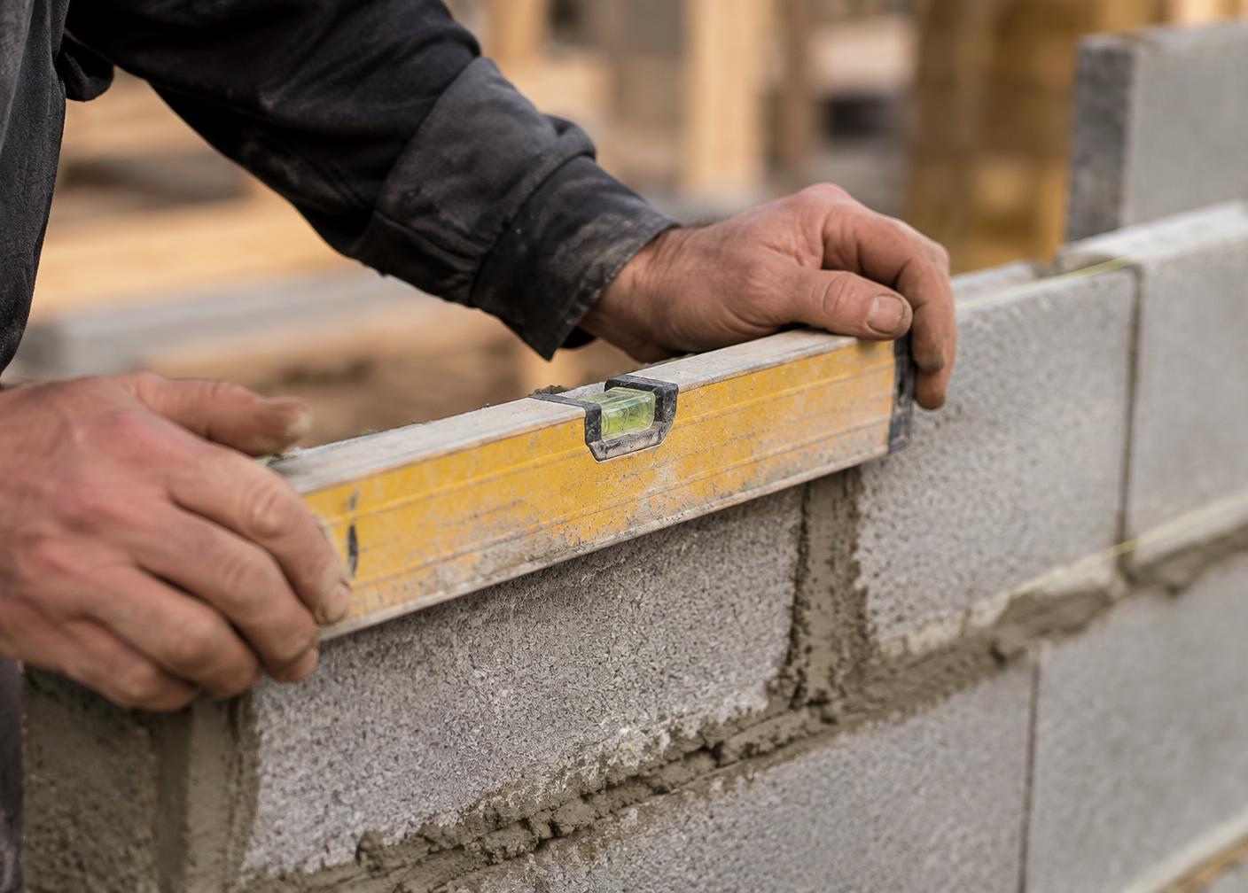 Builder checking blockwork with a spirit level (illustrative)