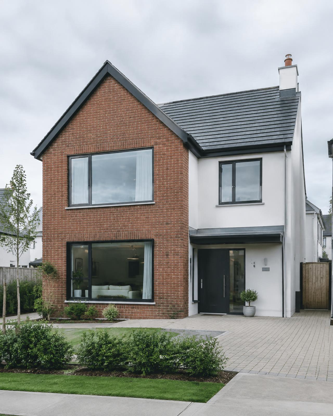 Contemporary brick and render house with a pitched slate roof (illustrative)