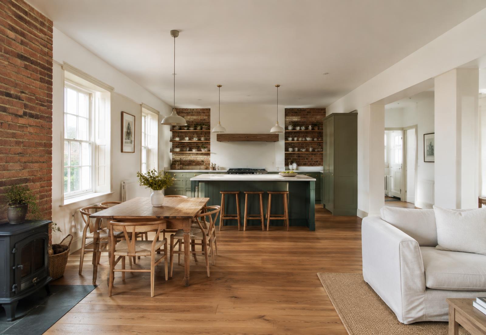 Renovated open-plan kitchen and dining space in a period home (illustrative)